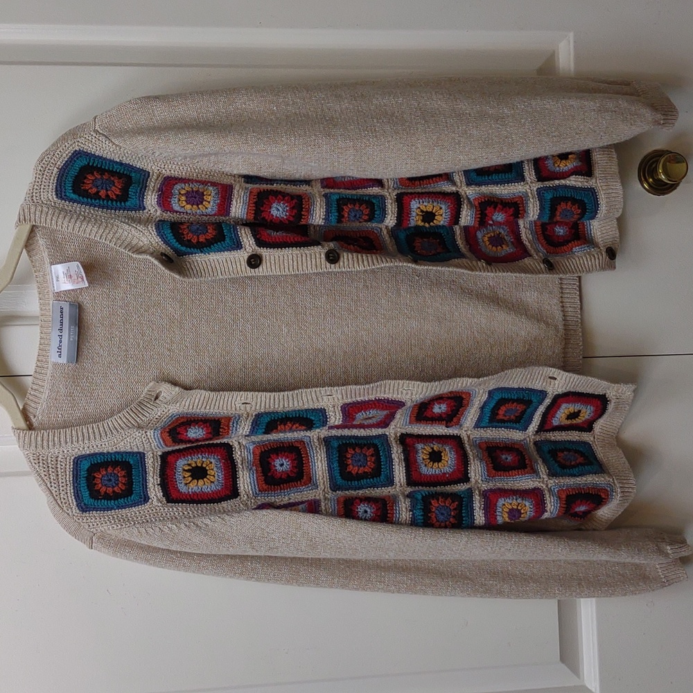 Alfred Dunner Vintage Crochet Granny Square Beige Ramie Cotton Knit Cardigan PXL - Picture 16 of 16
